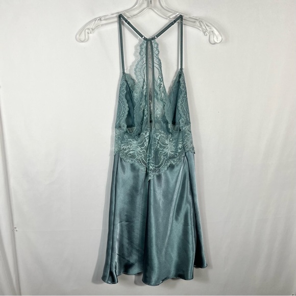 California Dynasty Vintage Y2K Teal Silky Lace Cutout Chemise Tank Dress Small S - Picture 5 of 7